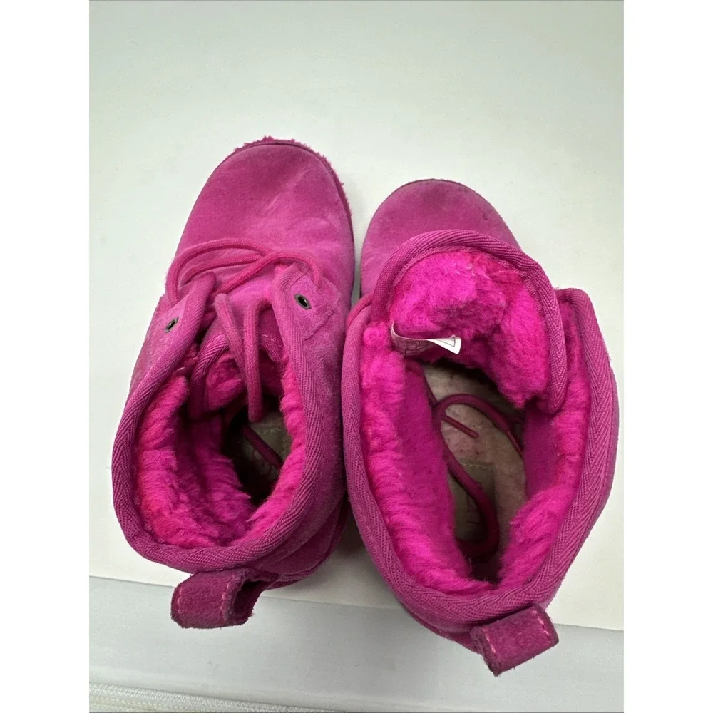 UGG Neumel Magenta Pink Suede Lace Up Sheepskin Ankle Boots 1017320K Kids 4